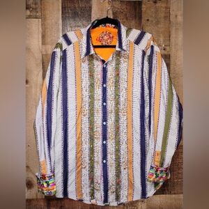 ROBERT GRAHAM Embroidered Multicolor Striped Men's Dress Shirt Size 2XL